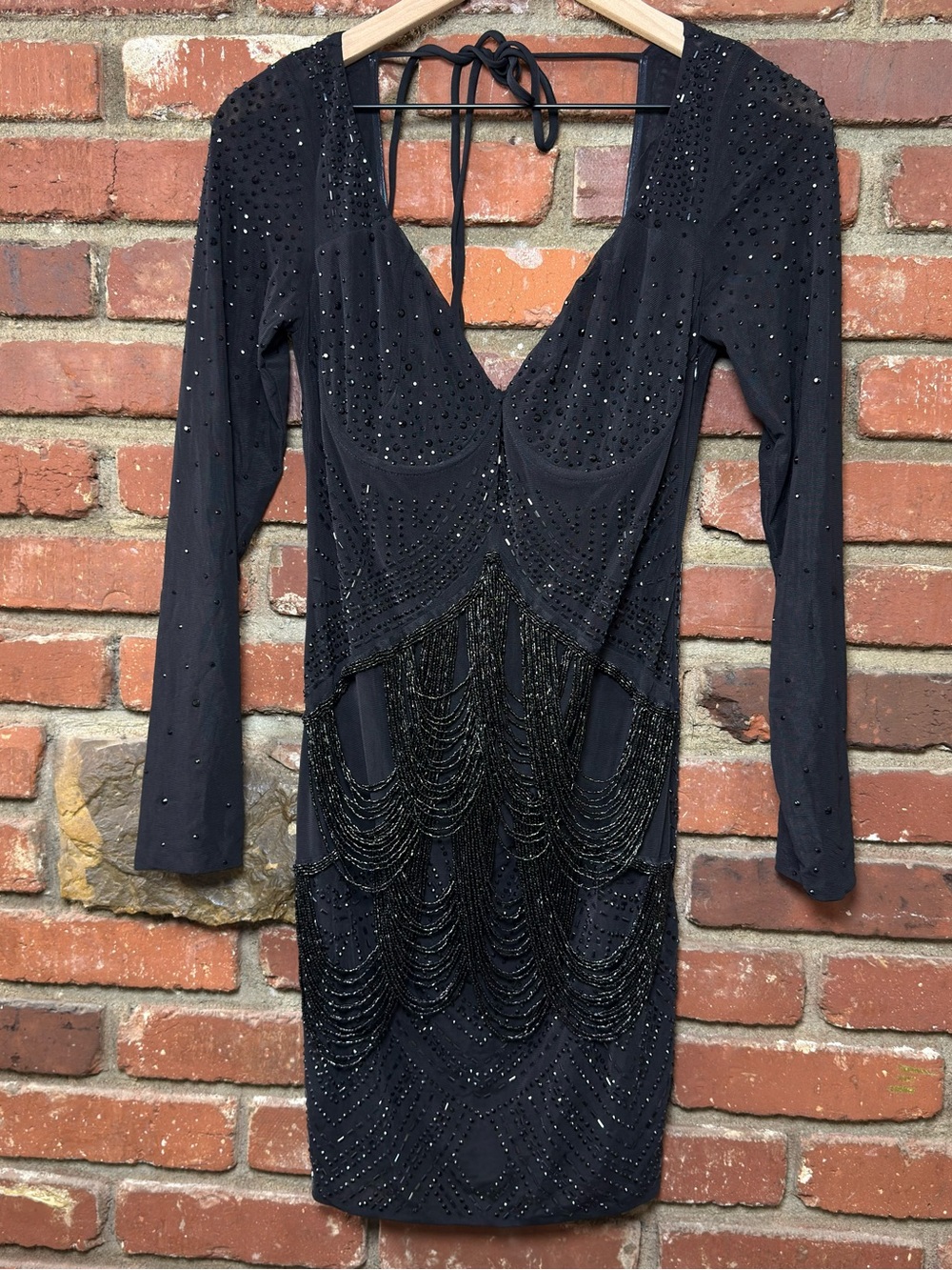Fashion Nova Celeste Rhinestone Beaded Mesh Sheer Mini Bodycon Dress Black XL